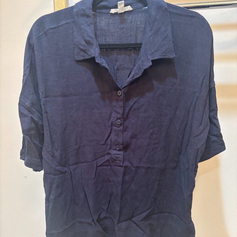 Navy Linen-Blend Collared T Shirt- Size Medium